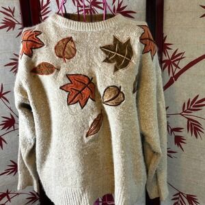 Vintage Santoria 1993‎ Silk Angora Lambswool Leaf Applique Sweater Beige Large